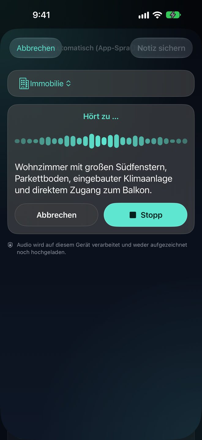 Notizen auf dem Gerät diktieren — Einfach sprechen – Audio bleibt auf dem iPhone