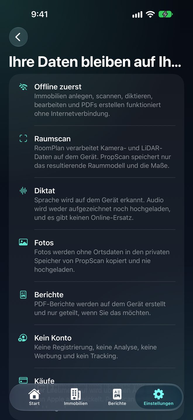 Alles bleibt auf Ihrem Gerät — Kein Konto. Keine Cloud. Kein Tracking.