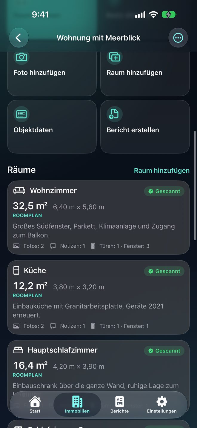 Jeden Raum erfassen — Scans, Notizen und Fotos Raum für Raum
