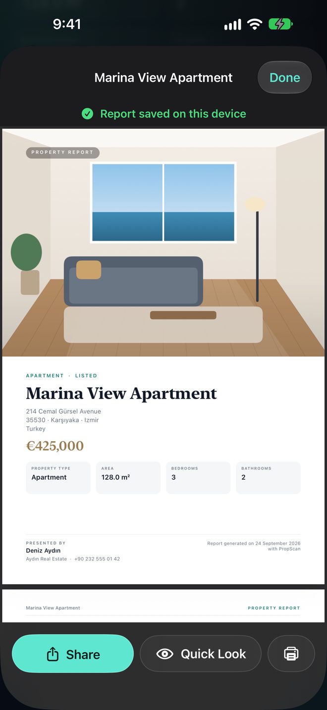 Generate PDFs Instantly — Brochure-style reports created on your device
