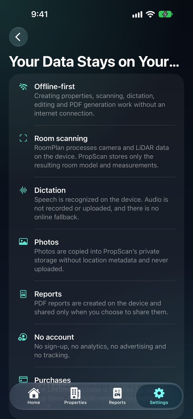Everything Stays On Your Device — No account. No cloud. No tracking.