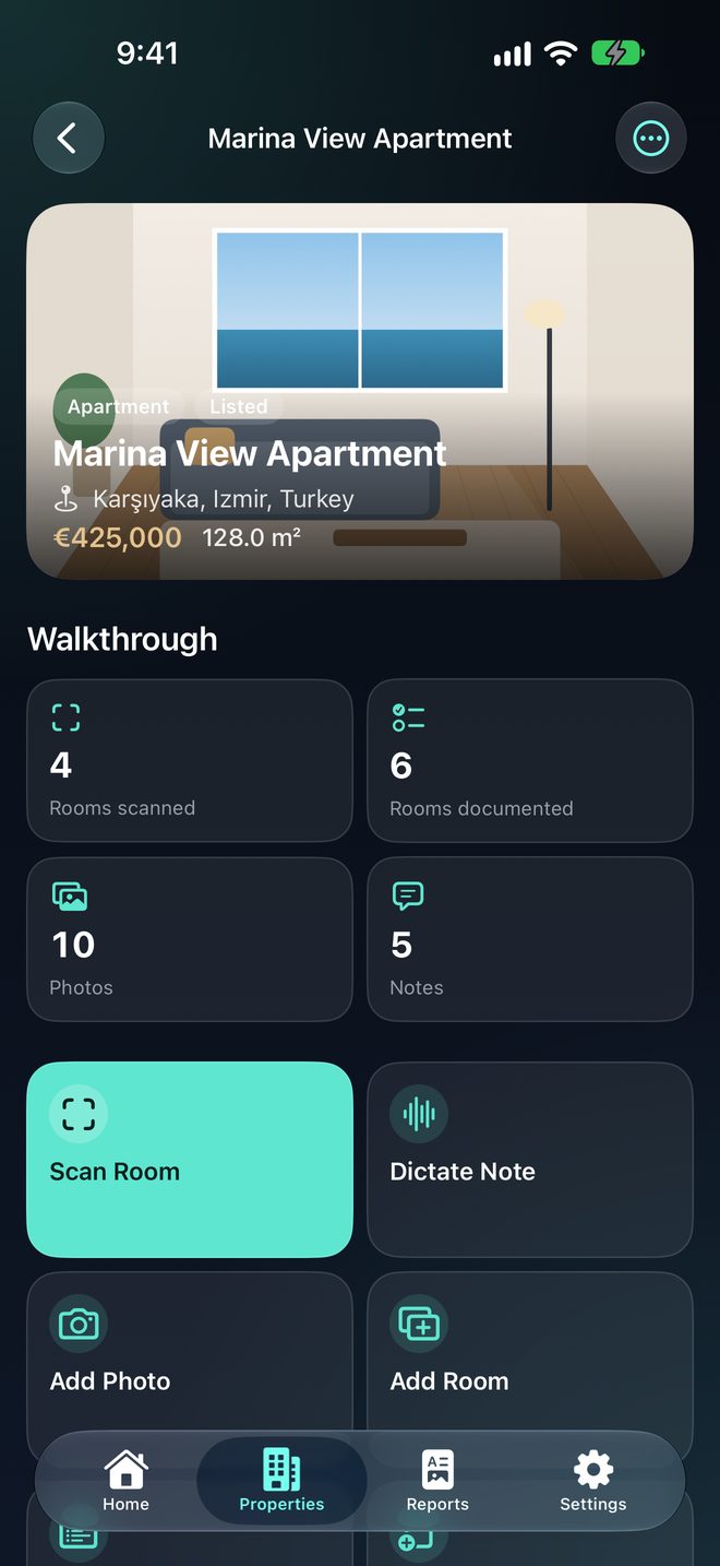 PropScan on iPhone: a scanned room with floor plan, the property walkthrough and a PDF property report