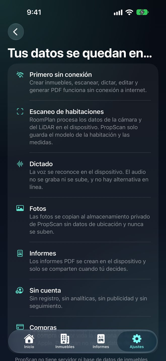 Todo se queda en tu dispositivo — Sin cuenta. Sin nube. Sin seguimiento.