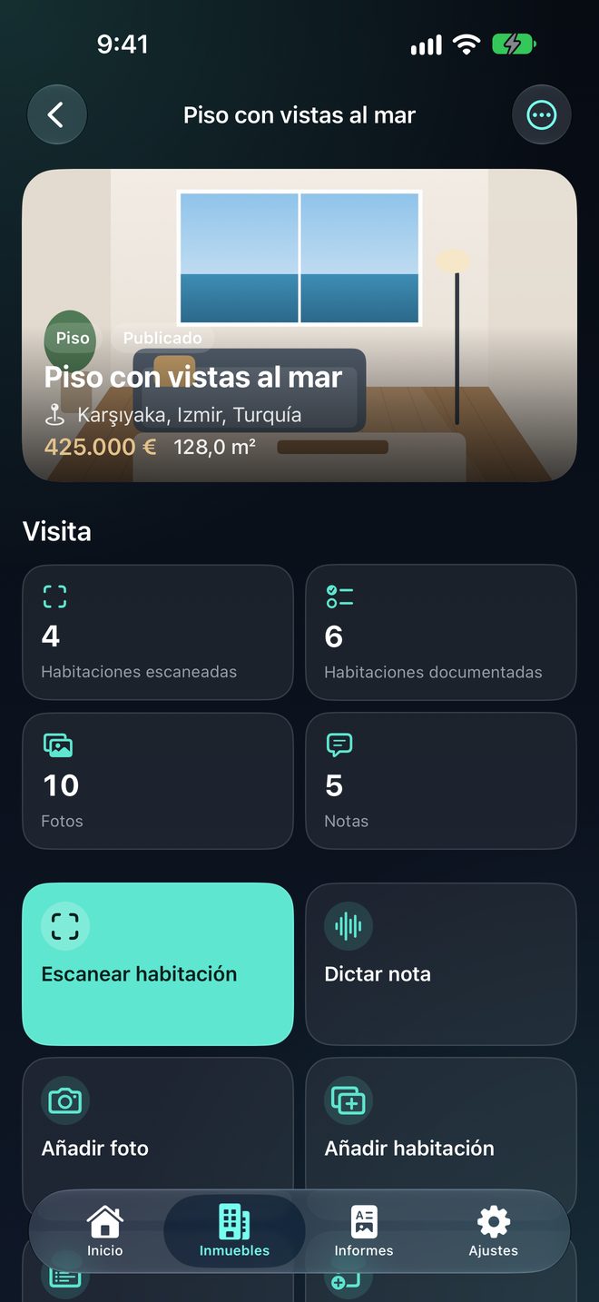 PropScan en iPhone: habitación escaneada con plano, visita del inmueble e informe PDF
