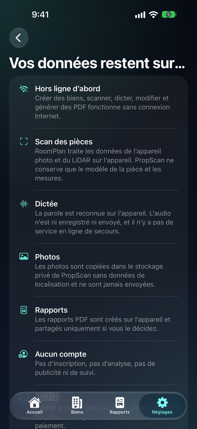 Tout reste sur votre appareil — Aucun compte. Aucun cloud. Aucun suivi.