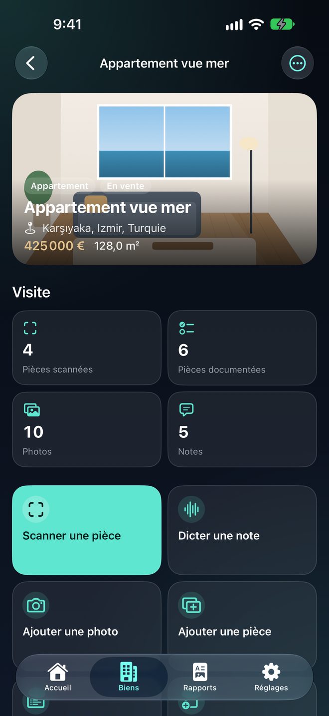 PropScan sur iPhone : pièce scannée avec plan, visite du bien et rapport PDF