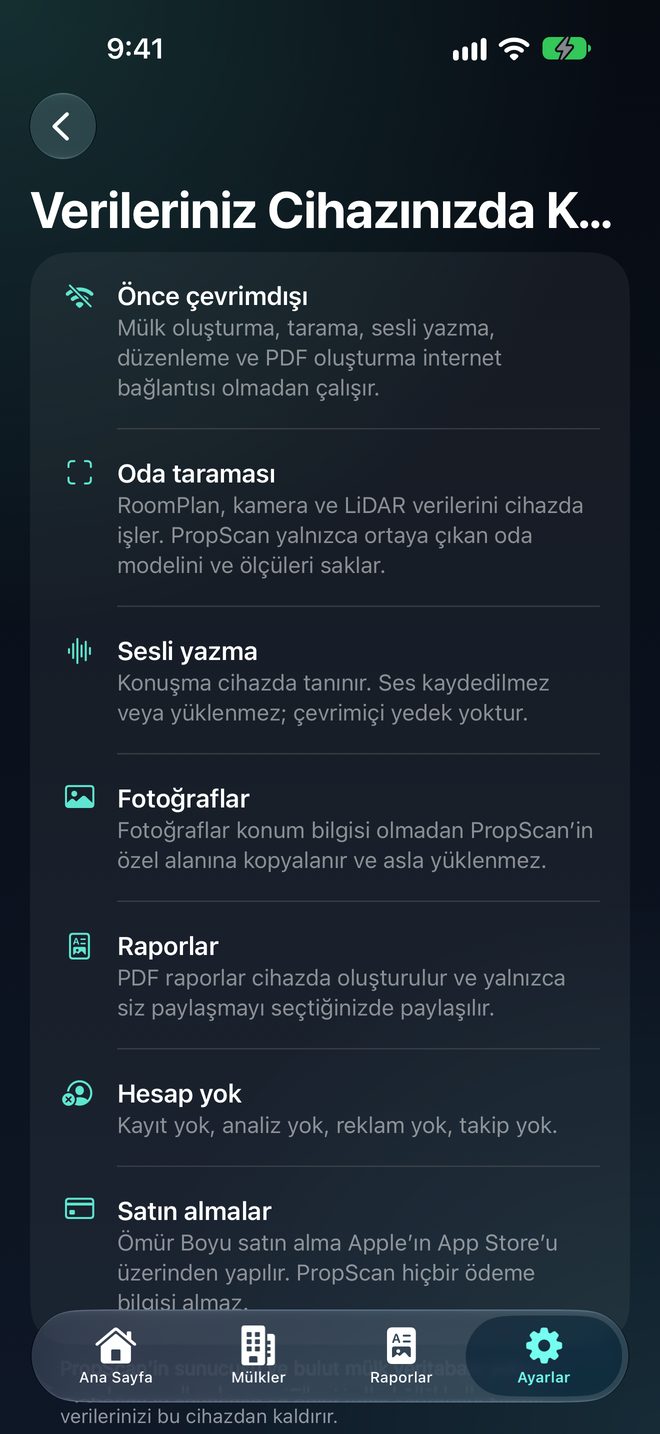 Her Şey Cihazınızda Kalır — Hesap yok. Bulut yok. Takip yok.
